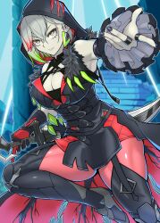 Rule 34 | 1girl, breasts, cleavage, collarbone, colored tips, detached sleeves, diabellstar the black witch, dress, duel monster, earrings, gloves, green hair, grey hair, highres, holding, holding sword, holding weapon, hood, hood up, jewelry, large breasts, looking at viewer, medium hair, multicolored hair, muscular, muscular female, pale skin, pantyhose, red hair, ring, single glove, single sleeve, solo, sword, weapon, yata masahara, yellow eyes, yu-gi-oh!