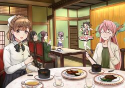 Rule 34 | 6+girls, akashi (kancolle), aoba (kancolle), asahi (kancolle), black hair, bow, breasts, brown hair, camera, chair, chopsticks, closed eyes, commentary request, cup, double bun, eating, food, gloves, hair bow, hair bun, hair ribbon, hitakikan, holding, holding camera, holding chopsticks, idol, indoors, jintsuu (kancolle), kantai collection, long hair, long sleeves, looking at viewer, multiple girls, naka (kancolle), one eye closed, open mouth, own hands together, pink hair, plate, ponytail, purple hair, ribbon, sendai (kancolle), shorts, sitting, skirt, smile, table, taking picture, thighhighs, white gloves, white thighhighs