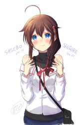 Rule 34 | 1girl, ahoge, bag, bare shoulders, black undershirt, blue eyes, blush, braid, brown hair, character name, collared shirt, commentary, cowboy shot, english commentary, hair between eyes, hair flaps, hair ornament, hair over shoulder, ittokyu, kantai collection, long hair, looking at viewer, neck ribbon, off-shoulder shirt, off shoulder, official alternate costume, red ribbon, ribbon, shigure (kancolle), shigure kai ni (kancolle), shirt, signature, simple background, single braid, sleeveless, sleeveless shirt, solo, white background, white shirt