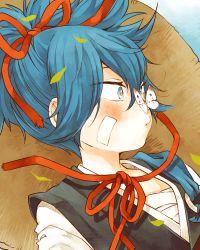 Rule 34 | 10s, 1boy, bandaid, bandaid on face, blue eyes, blue hair, blush, bug, butterfly, butterfly on nose, gradient background, insect, japanese clothes, male focus, matching hair/eyes, ponytail, sayo samonji, solo, touken ranbu, upper body, utatane