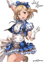 Rule 34 | 10s, 1girl, :d, alternate costume, arm up, blonde hair, blue ribbon, bow, brown eyes, buttons, character name, djeeta (granblue fantasy), dress, gloves, granblue fantasy, hair bow, hair ribbon, hairband, kimi to boku no mirai, leg up, looking at viewer, miniskirt, open mouth, pleated skirt, puffy short sleeves, puffy sleeves, ribbon, sakiyamama, short hair, short sleeves, skirt, smile, socks, solo, superstar (granblue fantasy), twitter username, white socks