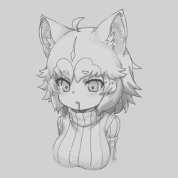 Rule 34 | 1girl, ahoge, alternate costume, animal ears, breasts, dog (mixed breed) (kemono friends), dog ears, drooling, greyscale, kemono friends, large breasts, looking at viewer, monochrome, multicolored hair, nyifu, parted lips, ribbed sweater, saliva, short hair, solo, sweater, turtleneck, turtleneck sweater, upper body
