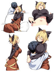 Rule 34 | 1boy, 1girl, :d, arms behind back, asutora, black bow, black hair, black sweater, blonde hair, blush, bow, breast smother, breasts, brown dress, closed eyes, clothes lift, commentary request, couple, cowboy shot, cropped torso, dress, face to breasts, from side, grin, hair between eyes, hair bow, half updo, hetero, highres, holding hands, hug, interlocked fingers, kiss, kurodani yamame, large breasts, lifted by self, long sleeves, multiple views, navel, open mouth, parted lips, pillow, pinafore dress, profile, ribbed sweater, ribbon, shirt, short hair, short ponytail, simple background, sitting, sleeveless dress, smile, standing, stomach, sweater, sweater lift, touhou, white background, white shirt