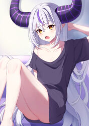Rule 34 | 1girl, absurdres, arm behind head, between breasts, black shirt, blush, bottomless, braid, breasts, cleavage, collarbone, demon girl, demon horns, grey hair, highres, hololive, horns, indoors, la+ darknesss, legs, long hair, minase03mio, multicolored hair, open mouth, pointy ears, purple hair, shirt, short sleeves, single bare shoulder, sitting, solo, streaked hair, striped horns, very long hair, virtual youtuber, yellow eyes