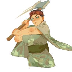 Rule 34 | 1girl, arms up, axe, brown hair, chengongzi123, closed mouth, cropped legs, eye trail, genderswap, genderswap (mtf), golden kamuy, green eyes, green kimono, headband, highres, holding, holding axe, japanese clothes, kimono, light trail, long sleeves, looking at viewer, obi, red headband, red headwear, sash, scar, scar on arm, short hair, simple background, tsukishima hajime, white background, wide sleeves