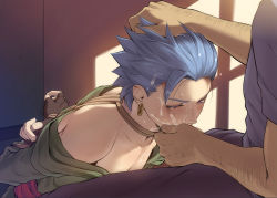 Rule 34 | 2boys, arms behind back, bad id, bad pixiv id, black pants, blue hair, blush, brown gloves, camus (dq11), collar, collarbone, commentary request, cum, dragon quest, earrings, facial, fellatio, gloves, hand on another&#039;s head, head grab, jewelry, long sleeves, male focus, mondi hl, multiple boys, one eye closed, oral, pants, pectorals, rape, short hair, sketch, solo focus, spiked hair, yaoi