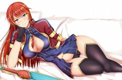 Rule 34 | 10s, 1girl, arm support, black gloves, black panties, black thighhighs, blue eyes, blue gemstone, blush, braid, breasts, brooch, cameltoe, cleavage, cleavage cutout, clothing cutout, couch, dress, female focus, gem, gloves, head rest, highres, jacket, jewelry, large breasts, legs, long hair, looking at viewer, lying, multicolored clothes, multicolored dress, naughty face, navel, on side, otono fei, panties, re:creators, red hair, selesia upitiria, short sleeves, smile, solo, sword, thigh gap, thighhighs, turtleneck, twin braids, underwear, weapon, wide hips