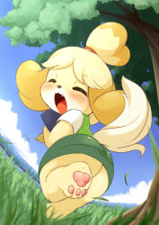 Rule 34 | 1girl, :3, animal crossing, animal ears, animal hands, ass, barefoot, blonde hair, blue sky, blush, body fur, clipboard, closed eyes, cloud, day, dog ears, dog girl, dog tail, dutch angle, fang, female focus, fisheye, from behind, full body, furry, furry female, grass, green skirt, green vest, hair tie, hand up, happy, holding, horizon, isabelle (animal crossing), leg up, looking back, miniskirt, nintendo, open mouth, outdoors, pawpads, pencil skirt, pointing, running, shiny clothes, shirt, short hair, short sleeves, skirt, sky, smile, solo, tail, topknot, tree, two-tone fur, ukan muri, vest, white fur, white shirt, yellow fur