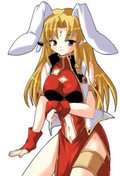 Rule 34 | 00s, 1girl, animal ears, bare legs, blonde hair, blush, bracelet, breasts, bridal gauntlets, brown eyes, cleavage cutout, clothing cutout, dress, facial mark, forehead mark, galaxy angel, gloves, jewelry, large breasts, long hair, looking at viewer, navel cutout, pelvic curtain, rabbit ears, ranpha franboise, side slit, simple background, solo, tagme, thighlet, white background