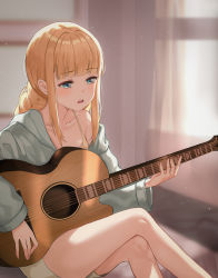 Rule 34 | absurdres, acoustic guitar, bare legs, blonde hair, blue eyes, blunt bangs, blurry, blurry background, blush, braid, crossed legs, curtains, guitar, highres, indoors, instrument, light blush, long hair, long sleeves, music, off shoulder, open mouth, paripi koumei, playing instrument, sidelocks, single braid, sitting, tsukimi eiko, twintails, zkzl2600