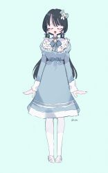 Rule 34 | 1girl, absurdres, aqua background, black hair, blue bow, blue bowtie, blue dress, blue eyes, bow, bowtie, commentary request, dress, facing viewer, flower, hair bow, hair flower, hair ornament, highres, link! like! love live!, long hair, long sleeves, love live!, low twintails, mole, mole on neck, murano sayaka, nagisa iori, open mouth, outstretched hand, rose, simple background, smile, solo, swept bangs, triple horizontal stripe, twintails, twitter username, white flower, white rose