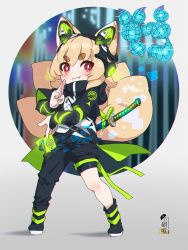 Rule 34 | 1girl, :3, absurdres, animal ears, asymmetrical pants, black jacket, black pants, blonde hair, blush, closed mouth, commentary request, fang, fang out, fox ears, fox girl, fox tail, full body, headphones for animal ears, highres, indie virtual youtuber, jacket, kamiya ris, kitsune, kuro kosyou, layered sleeves, long sleeves, neon trim, pants, red eyes, round image, short eyebrows, short over long sleeves, short sleeves, solo, standing, tail, thick eyebrows, virtual youtuber