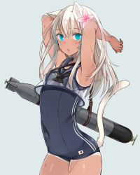 Rule 34 | 10s, 1girl, animal ears, armpits, arms up, bad id, bad pixiv id, bare legs, blue eyes, cat ears, cat tail, covered navel, cowboy shot, crop top, crop top overhang, flower, hair flower, hair ornament, highres, kantai collection, kemonomimi mode, long hair, looking at viewer, neckerchief, one-piece swimsuit, oniku (oishii oniku), parted lips, ro-500 (kancolle), sailor collar, school uniform, serafuku, slit pupils, solo, swimsuit, swimsuit under clothes, tail, tan, tanline, torpedo, wet
