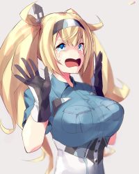 Rule 34 | 1girl, blonde hair, blue eyes, blue shirt, breast pocket, breasts, crying, crying with eyes open, gambier bay (kancolle), gloves, hair between eyes, highres, kantai collection, large breasts, long hair, multicolored clothes, multicolored gloves, open mouth, pocket, shirt, short sleeves, solo, stardust-kun, tears, twintails, upper body, w arms
