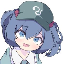 Rule 34 | 1girl, :d, absurdres, blue eyes, blue hair, flat cap, green hat, hair bobbles, hair ornament, hat, highres, kame (kamepan44231) (style), kawashiro nitori, looking at viewer, open mouth, simple background, smile, solo, teruru (teruru kappa), touhou, two side up, upper body, white background