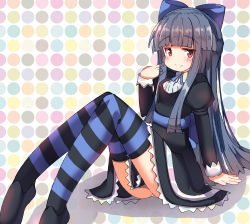 Rule 34 | 1girl, absurdres, arm support, black dress, black footwear, black hair, blue bow, blush, bow, braid, closed mouth, commentary request, cosplay, dress, hair bow, hand up, highres, idolmaster, idolmaster cinderella girls, idolmaster cinderella girls starlight stage, juliet sleeves, knees up, long sleeves, looking at viewer, panties, panty &amp; stocking with garterbelt, puffy sleeves, red eyes, sajo yukimi, shoes, sitting, smile, solo, stocking (psg), stocking (psg) (cosplay), striped clothes, striped thighhighs, thighhighs, umberblack, underwear, white panties