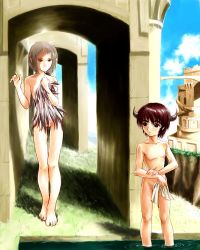 Rule 34 | 1boy, 1girl, adam, artistic nudity, barefoot, bible (object), biblical, brown eyes, brown hair, censored, cloud, convenient censoring, covering privates, day, feet, fine art parody, horns, ico, ico (character), kemi, kemi433, nude, nude cover, nudist, outdoors, parody, pointy ears, silver hair, sky, wading, water, yorda