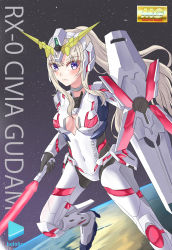 Rule 34 | 1girl, absurdres, beam saber, box art, character name, chinese commentary, civia, copyright name, cosplay, fake box art, flying, gundam, gundam unicorn, heluo official, highres, holding, holding sword, holding weapon, hololive, hololive china, logo, looking at viewer, mecha musume, nt-d, purple eyes, solo, space, sword, unicorn gundam, unicorn gundam (cosplay), v-fin, virtual youtuber, weapon