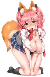 Rule 34 | 10s, 1girl, all fours, animal ear fluff, animal ears, black socks, blue gk, blush, bow, bowtie, breasts, cleavage, collarbone, fate/extra, fate (series), female focus, fox ears, fox tail, hair bow, highres, kneehighs, large breasts, long hair, looking at viewer, mouth hold, neck ribbon, no bra, official alternate costume, pink hair, plaid, plaid skirt, ribbon, school uniform, simple background, skirt, socks, solo, tail, tamamo (fate), tamamo no mae (fate/extra), tamamo no mae (jk) (fate), twintails, undone bowtie, undone neck ribbon, white background, yellow eyes