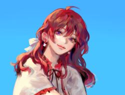 Rule 34 | 1girl, akatsuki no yona, bad id, bad twitter id, blue background, commentary request, earrings, hair between eyes, jewelry, korean commentary, looking at viewer, medium hair, neck ribbon, purple eyes, red hair, ribbon, solo, upper body, yona (akatsuki no yona), yona hyeon