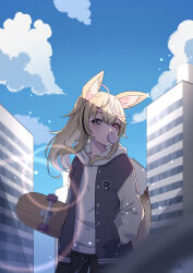 Rule 34 | 1girl, absurdres, ahoge, akashi (4kc 27), alternate costume, alternate hairstyle, animal ear fluff, animal ears, black pants, black vest, blonde hair, blue sky, building, chewing gum, city, cloud, commentary, cowboy shot, day, film grain, fox ears, fox girl, fox tail, hand in pocket, heart, heart-shaped pupils, highres, holding, holding skateboard, hololive, hood, hood down, hoodie, layered clothes, lens flare, light particles, long sleeves, looking at viewer, medium hair, multicolored hair, omaru polka, open clothes, open vest, outdoors, pants, pink hair, purple eyes, shade, sidelocks, skateboard, sky, solo, standing, streaked hair, sunlight, symbol-shaped pupils, tail, vest, virtual youtuber, white hoodie, zain (omaru polka)
