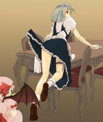 Rule 34 | 2girls, annoyed, ass, back, blouse, blush, bow, brown footwear, chair, cleaning, clothes lift, collared shirt, dress, dress lift, female focus, frilled dress, frills, from behind, hat, izayoi sakuya, kneepits, knife, bridal garter, looking at viewer, looking back, maid, multiple girls, peeking, pinzu, puffy short sleeves, puffy sleeves, remilia scarlet, shirt, shoes, short sleeves, silver hair, skirt, skirt lift, squatting, stick, table, thigh strap, throwing knife, touhou, weapon, white legwear, white shirt, wings