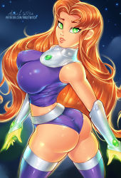 Rule 34 | 1girl, alien, ange1witch, ass, bare shoulders, boots, breasts, cloud, cloudy sky, covered erect nipples, dc comics, flying, glowing, glowing eyes, glowing hand, glowing hands, green eyes, large breasts, long hair, looking at viewer, orange hair, parted lips, seductive gaze, seductive smile, shiny clothes, shiny skin, short shorts, shorts, sky, smile, solo, star (sky), starfire, starry sky, thigh boots, thighhighs, very long hair, wrist guards