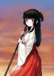 Rule 34 | 1girl, black hair, brown eyes, commentary request, erubo, japanese clothes, long hair, looking at viewer, miko, original, shiokari monaka, sky, solo, twintails, two side up