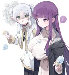 Rule 34 | 2girls, black pantyhose, breast envy, breasts, capelet, coat, dress, earrings, fern (sousou no frieren), food, food on body, food on breasts, frieren, green eyes, grey hair, highres, holding, holding food, huge breasts, ice cream, ice cream cone, jewelry, long hair, long sleeves, meunhongcha, multiple girls, pantyhose, parted lips, pointy ears, purple eyes, purple hair, scowl, shaded face, simple background, sousou no frieren, very long hair, white background, white capelet, white dress