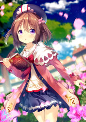 Rule 34 | 1girl, bad id, bad pixiv id, black hat, blue skirt, blue sky, blurry, blurry background, blush, book, bow, bowtie, brown hair, building, capelet, chinomaron, cloud, commentary request, day, depth of field, dress, dutch angle, flower, flower knight girl, hair between eyes, hair flower, hair ornament, hat, highres, holding, holding book, long sleeves, looking at viewer, open book, outdoors, parted lips, petals, pink dress, pink flower, puffy long sleeves, puffy sleeves, purple eyes, red bow, red bowtie, sailor collar, sailor dress, signature, skirt, sky, sleeves past wrists, solo, tree, tsutsuji (flower knight girl), two side up, white capelet, white sailor collar