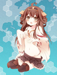 Rule 34 | 10s, 1girl, anju (meipurusanchi), boots, breasts, brown eyes, brown hair, fang, hairband, kantai collection, kongou (kancolle), long hair, looking at viewer, nontraditional miko, open mouth, solo, thigh boots, thighhighs, underboob