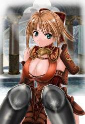 Rule 34 | 1041 (toshikazu), 1girl, alternate costume, armor, blonde hair, bow, breasts, cassandra alexandra, cleavage, green eyes, hair bow, large breasts, looking at viewer, sitting, soul calibur, soulcalibur iii
