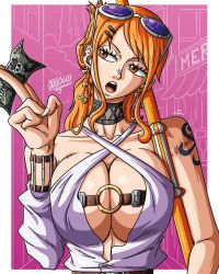 Rule 34 | 1girl, alternate costume, bare shoulders, breasts, choker, cleavage cutout, clima-tact, clothing cutout, female focus, highres, large breasts, money, nami (one piece), one piece, orange eyes, orange hair, solo, sunglasses, tattoo, thick thighs, thighs