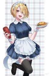Rule 34 | 1girl, absurdres, alternate costume, apron, back bow, blonde hair, blush, bow, collared dress, dated, dress, enmaided, food, frilled apron, frilled dress, frills, hair over one eye, heaven burns red, highres, holding, holding tray, kayamori ruka, ketchup bottle, looking at viewer, maid, maid headdress, mary janes, nil (pixiv 53614557), omelet, omurice, open mouth, orange eyes, plaid, plaid background, shoes, short hair, short sleeves, smile, solo, standing, standing on one leg, thighhighs, tray, wrist cuffs