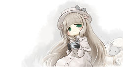 Rule 34 | .live, 1girl, animal ears, black gloves, blunt bangs, bow, chamaji, cup, gloves, green eyes, grey hair, hat, hat bow, highres, long hair, merry milk, sheep, sheep ears, signature, smile, solo, teacup, very long hair, virtual youtuber, white background, white hat