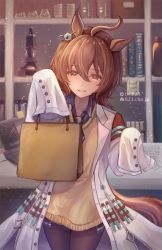 Rule 34 | 1girl, 823/natalia, agnes tachyon (umamusume), ahoge, animal ears, bag, black necktie, black pantyhose, black shirt, book, bookshelf, coat, commentary request, computer, earrings, hair between eyes, has artifacted revision, has bad revision, has glazed revision, highres, holding, holding bag, horse ears, horse girl, horse tail, jewelry, lab coat, laptop, looking at viewer, loose necktie, microscope, necktie, open clothes, open coat, pantyhose, paper, shirt, short necktie, single earring, sleeves past wrists, smile, solo, sweater, table, tail, test tube, umamusume, white coat, yellow sweater