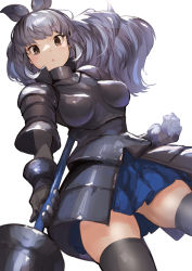 Rule 34 | 1girl, animal ears, armor, black armor, black hair, black rhinoceros (kemono friends), black thighhighs, blue skirt, boobplate, breastplate, commentary request, cowboy shot, faulds, gauntlets, highres, horn lance, kemono friends, koruse, lance, long hair, looking at viewer, pauldrons, pleated skirt, polearm, rhinoceros ears, rhinoceros girl, rhinoceros tail, shoulder armor, skirt, solo, thighhighs, weapon, zettai ryouiki