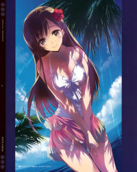 Rule 34 | 1girl, absurdres, bare shoulders, beach, blush, breasts, breasts squeezed together, brown eyes, brown hair, casual one-piece swimsuit, cleavage, cloud, day, dutch angle, fisheye, flower, hair flower, hair ornament, hibiscus, highres, interlocked fingers, kawata hisashi, leaning, leaning forward, light rays, long hair, medium breasts, morikawa yuki, ocean, one-piece swimsuit, own hands clasped, own hands together, palm tree, sarong, scan, shade, skirt, sky, smile, solo, sunbeam, sunlight, swimsuit, thigh gap, thighs, tree, v arms, white album, white album (series), white one-piece swimsuit