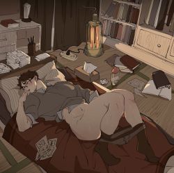 Rule 34 | 1boy, akaashi keiji, ass, black hair, blush, book, book stack, bookshelf, brown male underwear, brown sweater, futon, glasses, haikyuu!!, heater, highres, jtdbyhra2022, lying, male focus, male underwear, male underwear pull, nude, on back, open book, paper, pillow, short hair, socks, solo, sweat, sweater, thick thighs, thighs, underwear