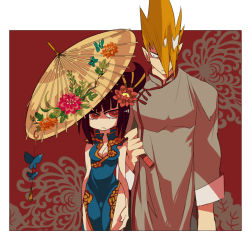 Rule 34 | 1boy, 1girl, adon (street fighter), alternate costume, bad id, bad pixiv id, black hair, breasts, capcom, china dress, chinese clothes, cleavage, couple, dress, drill hair, flower, hair flower, hair ornament, hair over one eye, han juri, height difference, hetero, orange hair, pointy hair, red eyes, shared umbrella, side slit, street fighter, street fighter iv (series), tk (hibatidori), twin drills, twintails, umbrella
