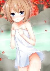 Rule 34 | 1girl, bad id, bad pixiv id, bare shoulders, blanc (neptunia), blue eyes, brown hair, haru blanc0316, hat, highres, looking at viewer, naked towel, neptune (series), onsen, open mouth, partially submerged, short hair, solo, steam, towel