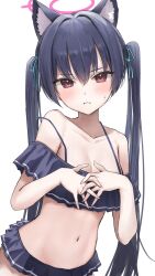 Rule 34 | 1girl, animal ear fluff, animal ears, bare arms, bare shoulders, bikini, black bikini, black hair, blue archive, blush, breasts, cat ears, closed mouth, collarbone, cowboy shot, extra ears, frilled bikini, frills, halo, highres, long hair, looking at viewer, minazuki (uraha246), navel, official alternate costume, pink halo, red eyes, serika (blue archive), serika (swimsuit) (blue archive), simple background, small breasts, solo, swimsuit, twintails, white background