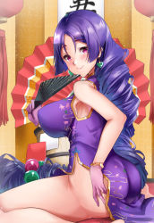Rule 34 | 1girl, ass, bad id, bad pixiv id, bare shoulders, blush, breasts, china dress, chinese clothes, dress, fate/grand order, fate (series), gloves, heroic spirit traveling outfit, highres, large breasts, long hair, looking at viewer, low-tied long hair, minamoto no raikou (fate), minamoto no raikou (traveling outfit) (fate), parted bangs, purple dress, purple eyes, purple hair, sezok, sitting, smile, thighs, very long hair, wariza