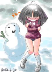 Rule 34 | 1girl, black hair, clenched teeth, cold, closed eyes, snow, snowman, teeth, trembling, winter