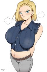 Rule 34 | 1girl, android 18, artist name, blonde hair, blue eyes, blush, breasts, collarbone, dragonball z, earrings, highres, inverted nipples, jewelry, large breasts, looking at viewer, moochi lan, navel, pants, shirt, short hair, solo, stomach, tight shirt, white background