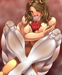 Rule 34 | 10s, 1boy, 1girl, age difference, between breasts, breast smother, breasts, brown eyes, brown hair, face to breasts, gigantic breasts, gundam, gundam build fighters, gundam build fighters try, heart, heart-shaped pupils, hetero, highres, hug, kamiki sekai, leg lock, legs, muscular, muscular female, open mouth, pantyhose, person between breasts, plump, sazaki kaoruko, sex, solo focus, sweat, symbol-shaped pupils, threediamond, topless, twintails, vaginal, white pantyhose