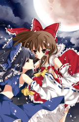 Rule 34 | 2girls, alternate color, blue eyes, blue hair, bow, brown hair, detached sleeves, dual persona, female focus, hair bow, hakurei reimu, highres, immaterial and missing power, japanese clothes, long hair, miko, multiple girls, touhou, yuiki (cube)