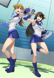 Rule 34 | 2girls, bare legs, bare shoulders, black hair, blonde hair, boots, breasts, buttons, commentary request, commission, crossover, duel academy uniform (yu-gi-oh! gx), duel disk, fingerless gloves, full body, gloves, hair ornament, haruna (kancolle), indoors, kantai collection, leg up, long hair, looking at viewer, medium breasts, miniskirt, multiple girls, obelisk blue uniform, open mouth, rourou ill, shadow, shiny skin, simple background, skeb commission, skirt, sleeveless, smile, teeth, tenjouin asuka, thighs, turtleneck, upper teeth only, yellow eyes, yu-gi-oh!, yu-gi-oh! duel monsters gx, yu-gi-oh! gx