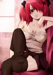 Rule 34 | 1girl, bare shoulders, black thighhighs, breasts, cleavage, feet, hair over one eye, hair ribbon, long hair, messiah cage, red eyes, red hair, ribbon, short hair, skirt, solo, thighhighs, window