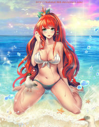 Rule 34 | 1girl, animal, ariel (disney), artist name, bare arms, bare legs, barefoot, beach, bikini, bird, blurry, blush, bow, breasts, cleavage, collarbone, crown, front-tie bikini top, front-tie top, green eyes, hair bow, hair in own mouth, heart, horizon, humanization, large breasts, lips, long hair, looking at viewer, mabong1989, midriff, navel, ocean, outdoors, parted lips, partially submerged, pham thai chau, red hair, sand, seagull, sitting, sitting on water, skindentation, solo, spoken heart, starfish, strapless, strapless bikini, sun, sunlight, swimsuit, the little mermaid, very long hair, wariza, water, water drop, watermark, web address, wet